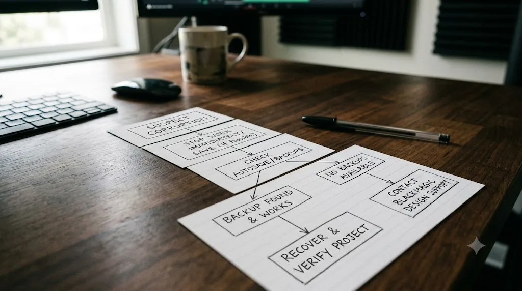 Illustration of a flowchart showing the immediate response steps after discovering a corrupted DaVinci Resolve project
