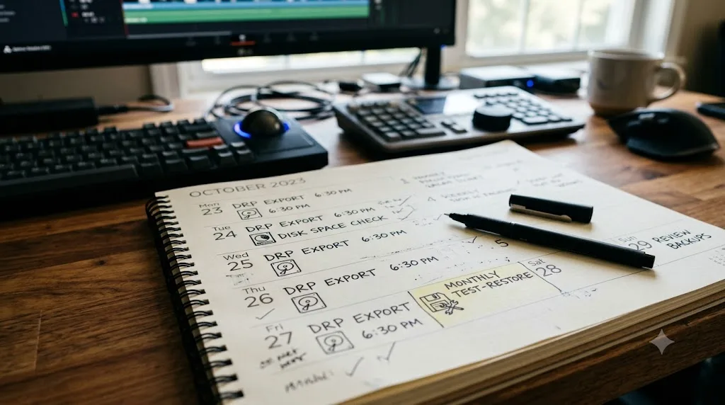 Illustration of a weekly calendar showing a routine of daily exports, weekly checks, and monthly test-restores for DaVinci Resolve project safety