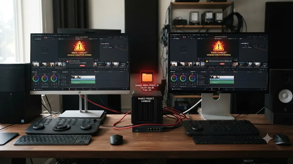Illustration of two computers simultaneously writing to the same DaVinci Resolve project database, causing a write collision