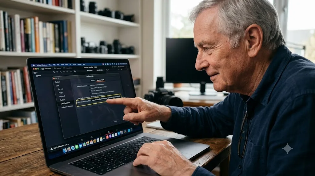 Illustration of the TryUncle AI tutor pointing at DaVinci Resolve's Project Save and Load preferences panel on a Mac screen