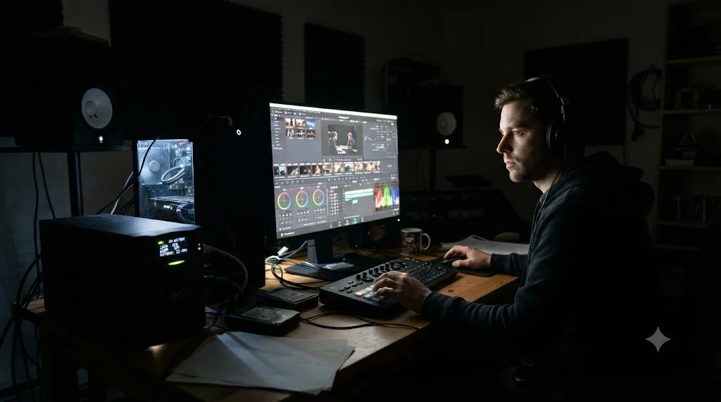 Illustration of a DaVinci Resolve workstation staying powered through a UPS battery backup during a power outage