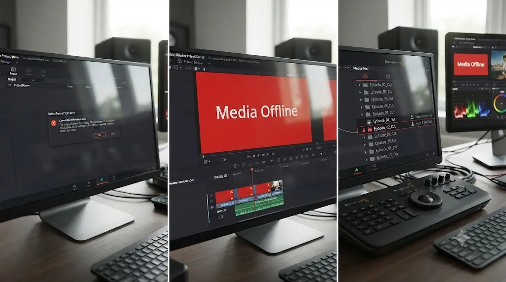 Illustration comparing DaVinci Resolve database corruption, offline media, and a locked collaboration bin as three distinct problems