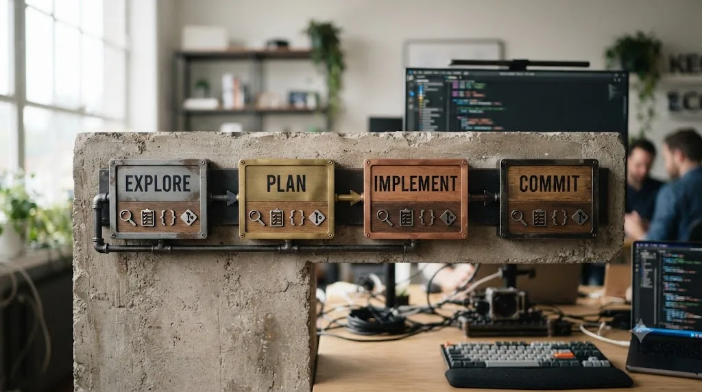 Illustration of a four-step pipeline diagram labeled explore, plan, implement, and commit