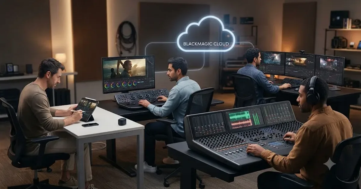 Illustration of a podcast host speaking into a microphone while DaVinci Resolve's Fairlight page displays live input waveforms on a monitor beside them