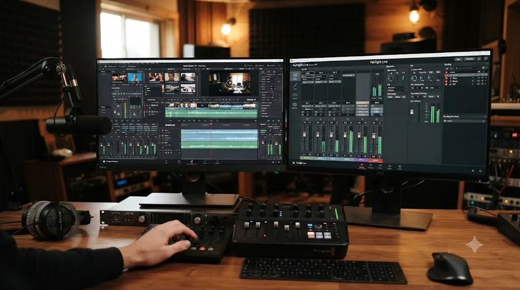 Illustration of an AI tutor overlay drawing a highlighted box around the Patch Input/Output menu item in DaVinci Resolve's Fairlight page