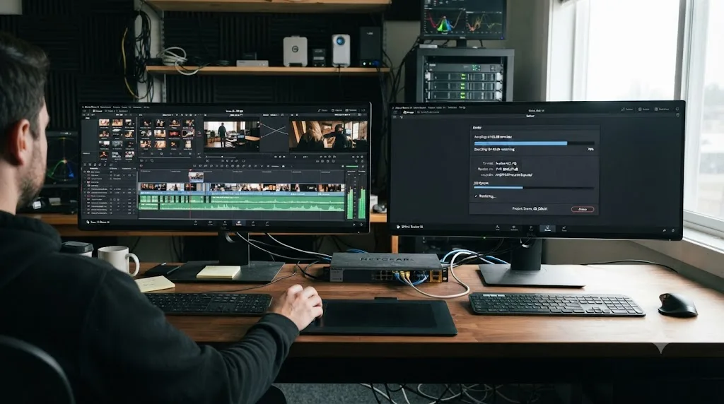 Illustration of three worked render queue examples: a documentary series, a vertical and horizontal video pair, and duplicated social clips