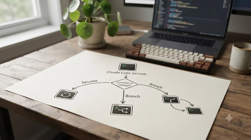 Illustration of a decision tree showing when to resume, branch, or fork a Claude Code session