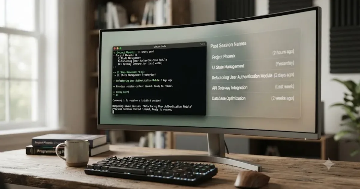 Illustration of a terminal window reopening a saved conversation thread next to a list of past session names