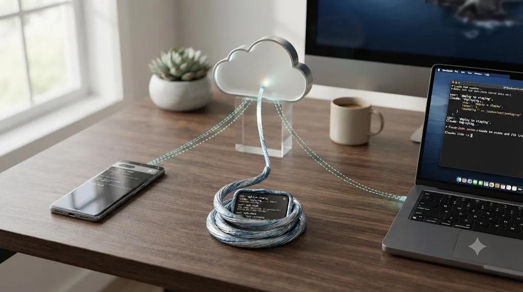 Illustration of a phone, a laptop terminal, and a cloud icon connected to a single shared Claude Code conversation thread