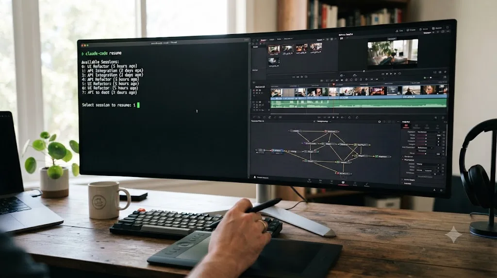 Illustration of a split screen showing a terminal running a Claude Code session next to a DaVinci Resolve timeline and node graph