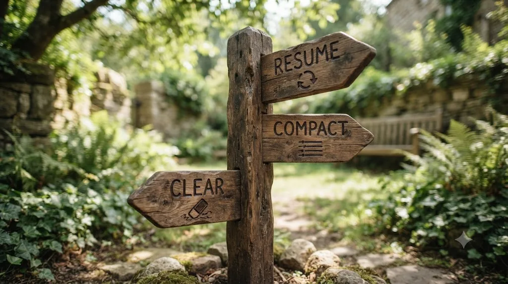 Illustration of a signpost with three arms labeled resume, compact, and clear pointing at different outcome icons