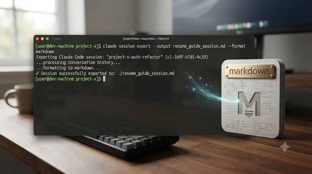Illustration of a terminal exporting a Claude Code conversation into a formatted document icon