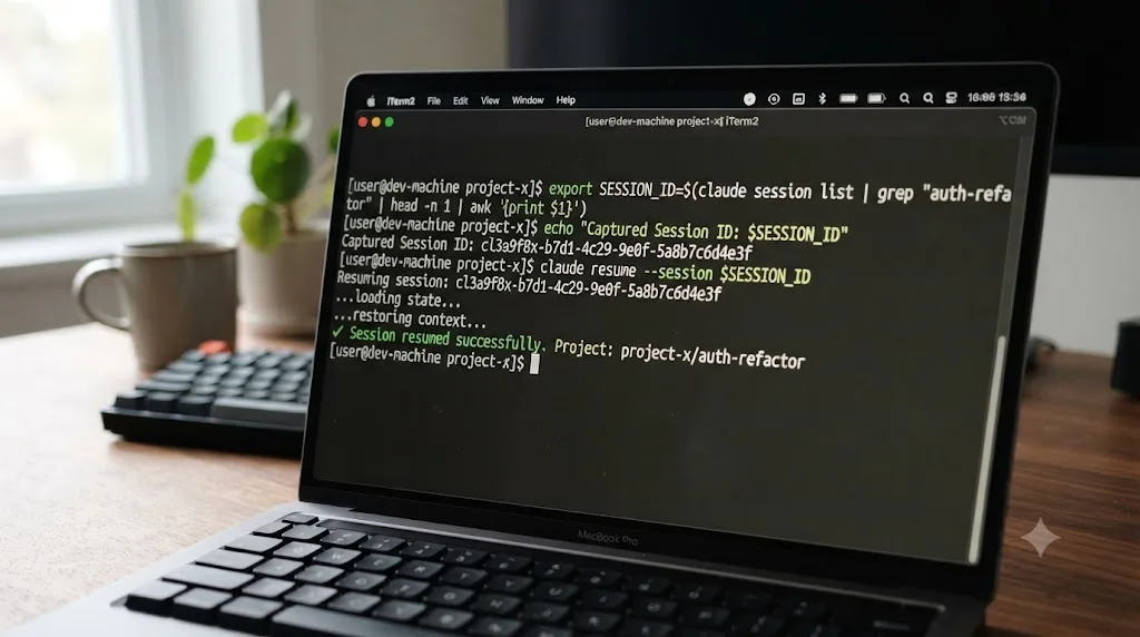 Illustration of a shell script capturing a Claude Code session ID and piping it into a second resume command