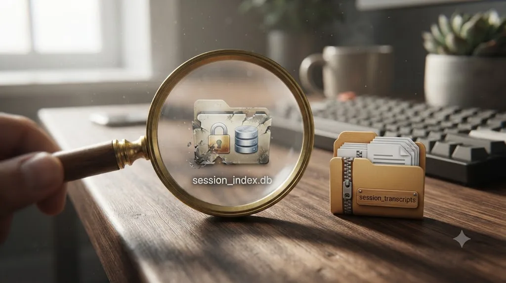 Illustration of a magnifying glass inspecting a broken session index file next to intact session transcript files