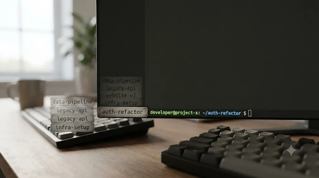 Illustration of a Claude Code prompt bar showing a session name badge next to a list of other named sessions