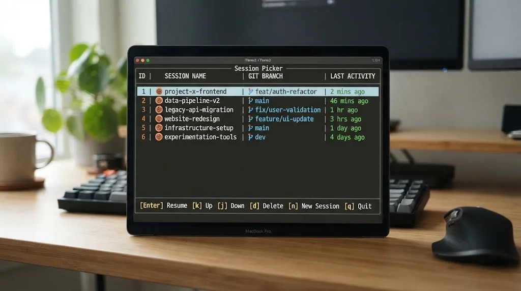 Illustration of a Claude Code session picker listing named sessions with branch and timestamp columns and keyboard shortcuts below