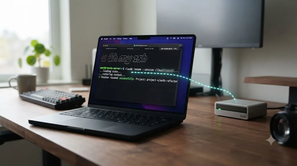 Illustration of a laptop terminal connected through a dashed line to a remote server icon labeled tmux