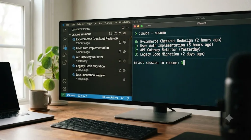 Illustration of a VS Code session history panel and a terminal resume picker showing overlapping session names