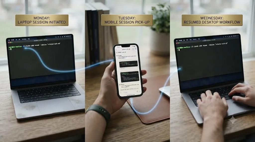 Illustration of a three panel timeline showing a Claude Code session resumed from a laptop, then a phone, then back at a laptop