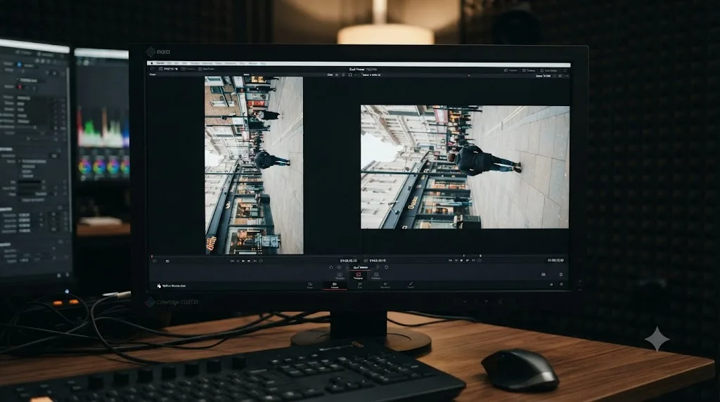 Illustration comparing a rotated DaVinci Resolve clip with black bars against the same clip zoomed to fill the frame