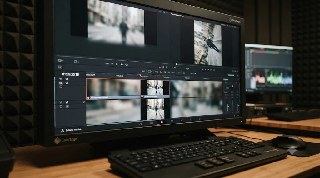 Illustration of a DaVinci Resolve timeline using a blurred duplicate track to fill a rotated frame without cropping the original clip