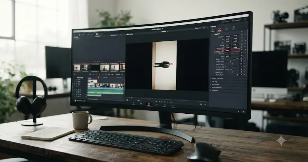 Illustration of a DaVinci Resolve Inspector panel with a Rotation Angle dial turning a video clip 90 degrees