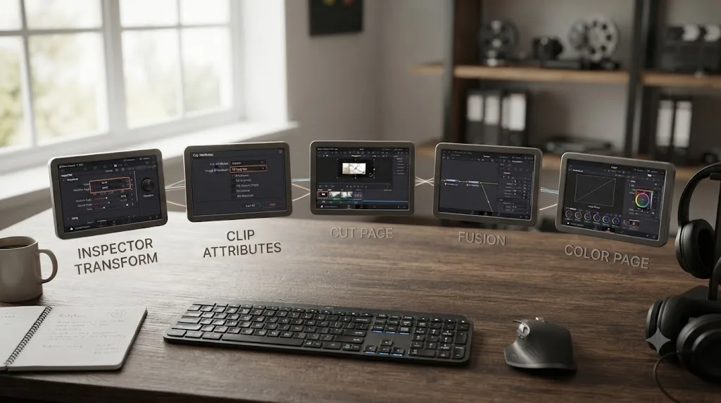 Illustration comparing five DaVinci Resolve tools that rotate or reorient a clip