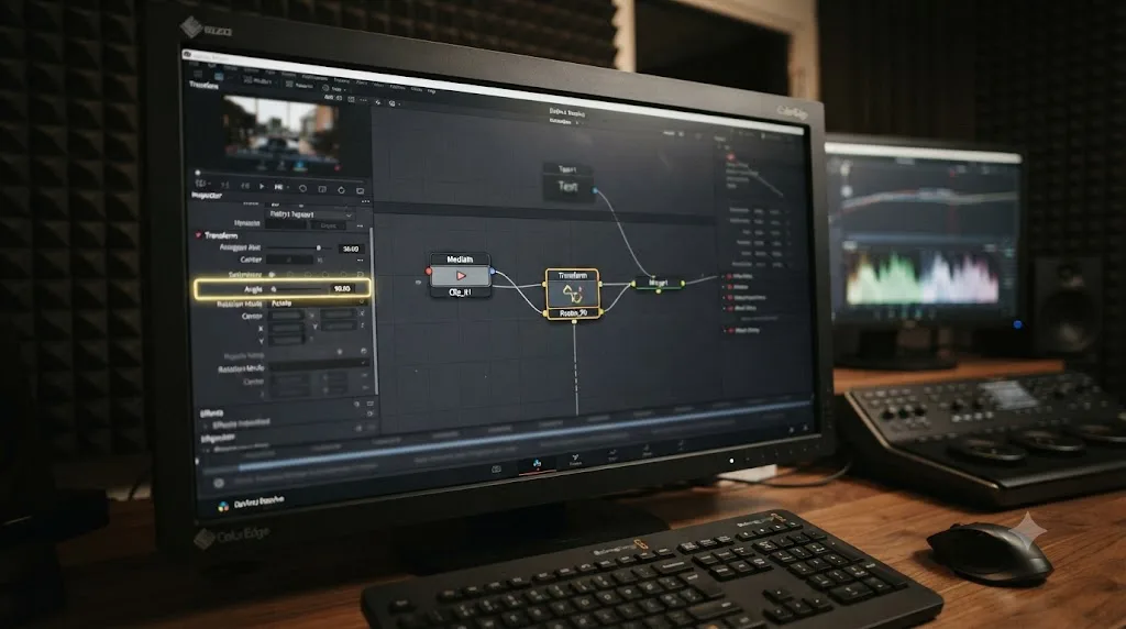 Illustration of a Transform node connected in the DaVinci Resolve Fusion page node graph with the Angle parameter highlighted