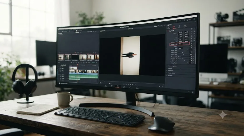 Illustration of the DaVinci Resolve Inspector Transform section with Rotation Angle set to 90 degrees