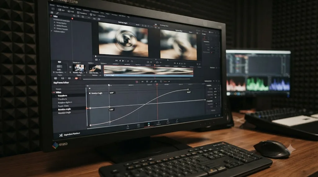 Illustration of the DaVinci Resolve Keyframe Editor animating a clip's Rotation Angle through a spin transition