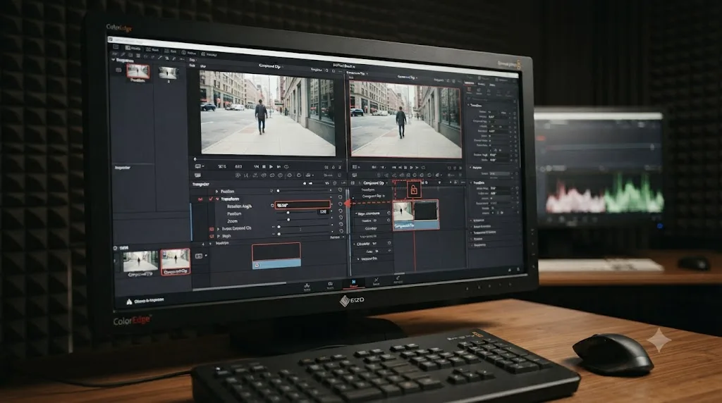 Illustration of a DaVinci Resolve compound clip baking in a rotation that was previously an editable Inspector value