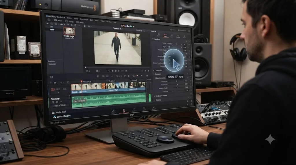 Illustration of an on-screen assistant pointing at the Rotation Angle field inside a DaVinci Resolve project