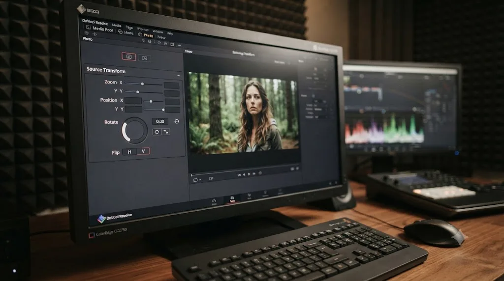 Illustration of the DaVinci Resolve Photo page Source Transform panel with rotate and flip controls