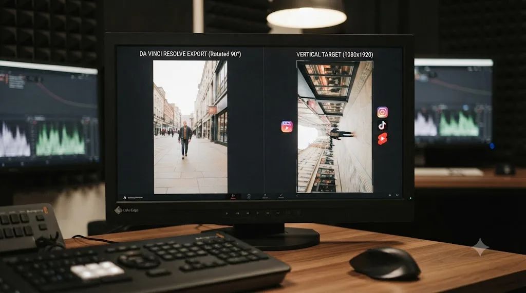 Illustration comparing a rotated DaVinci Resolve export against the 1080 by 1920 vertical resolution expected by Instagram Reels, TikTok, and YouTube Shorts