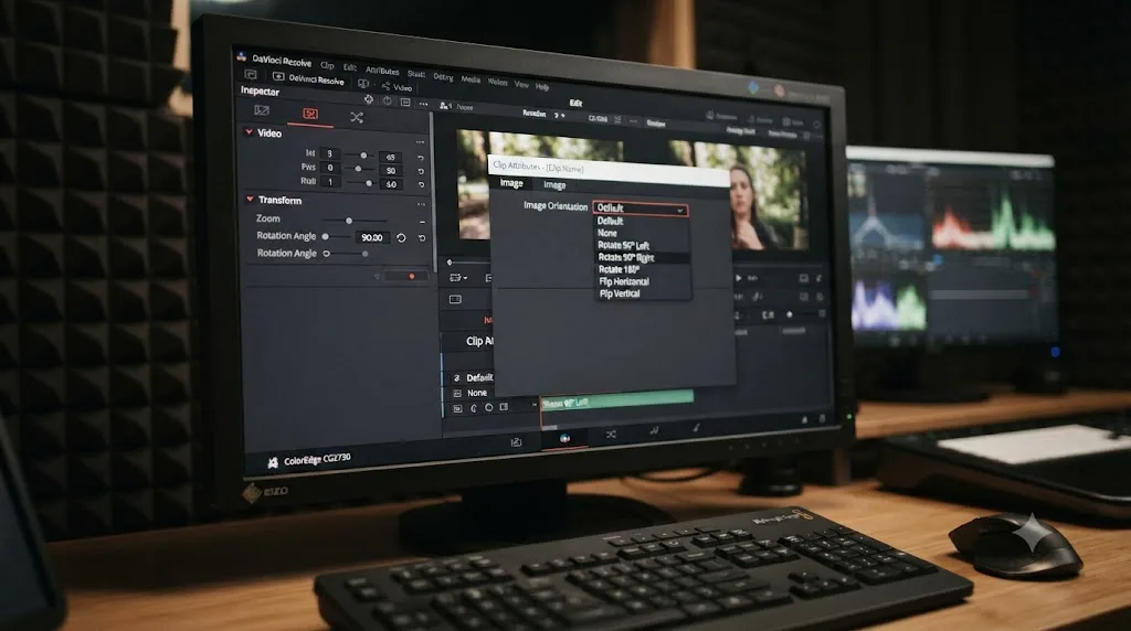 Illustration comparing the DaVinci Resolve Inspector Rotation Angle field against the Clip Attributes Image Orientation dropdown