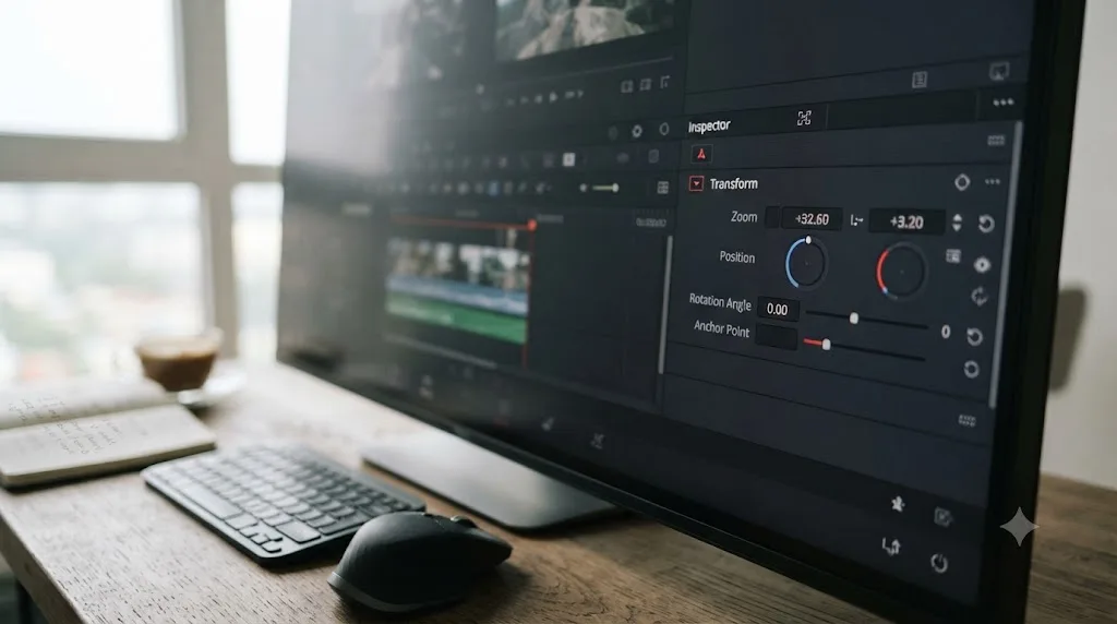 Illustration of the DaVinci Resolve Inspector Transform section with Rotation Angle and Anchor Point fields labeled