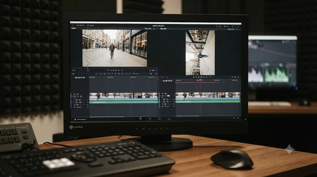 Illustration of a DaVinci Resolve horizontal timeline duplicated into a vertical timeline with a rotated clip filling the frame