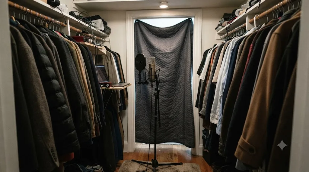 Illustration of a walk-in closet converted into a vocal booth with a microphone surrounded by hanging clothes and a blanket over the door