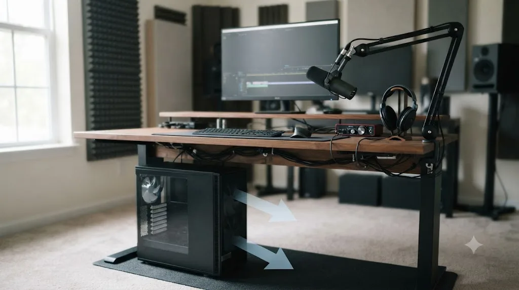 Illustration of a desk setup with a computer tower positioned under the desk, away from a microphone, with fan airflow directed away from the recording position