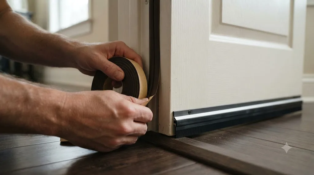Illustration of weatherstripping tape being applied around a door frame with a door sweep along the bottom edge