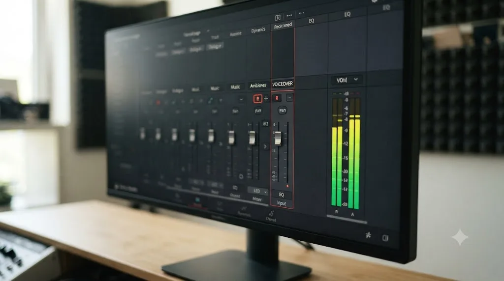 Illustration of the DaVinci Resolve Fairlight page showing an armed mono voiceover track with a healthy input meter reading