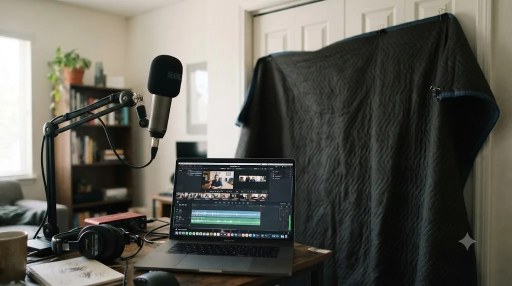 Illustration of a home office corner converted into a voiceover recording space with a microphone, a draped moving blanket, and a laptop running DaVinci Resolve