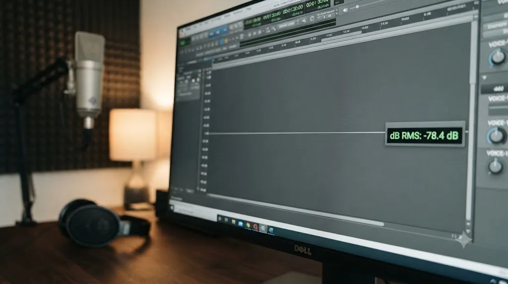 Illustration of a flat silent waveform in an audio editor with a decibel RMS noise floor readout displayed