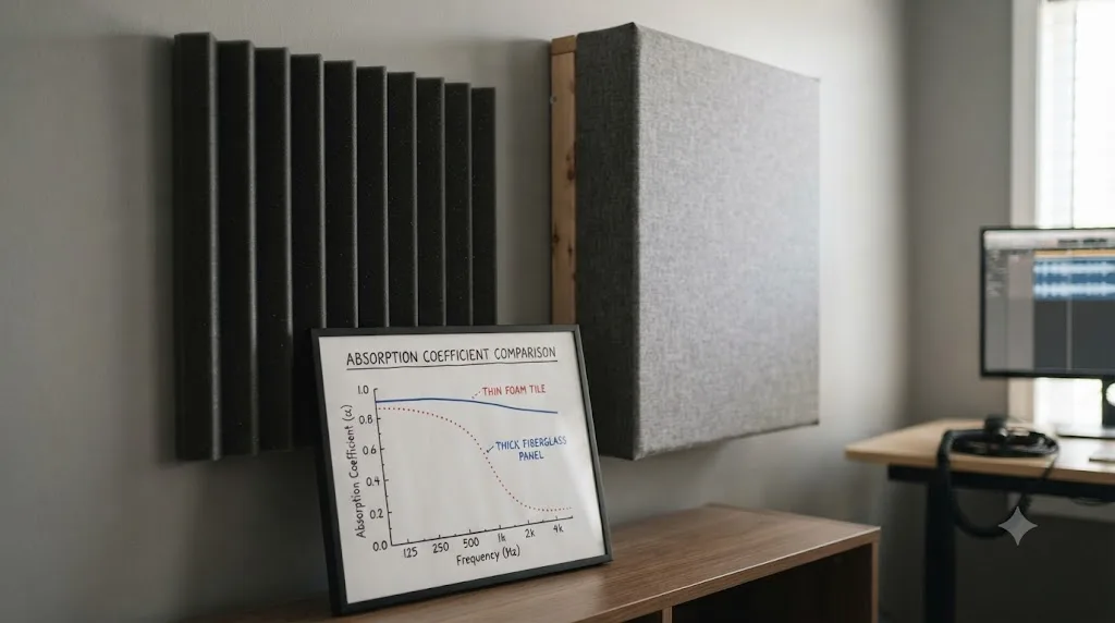 Illustration comparing a thin foam acoustic tile against a thick rigid fiberglass panel with an absorption frequency graph