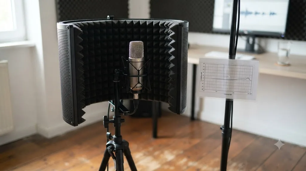 Illustration of a curved reflection filter panel clipped around a microphone, shown beside a chart of its measured sound reduction