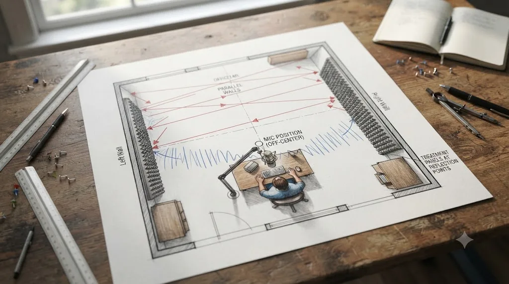 Illustration of a floor plan diagram showing sound reflections between parallel walls with a microphone repositioned off-center and reflection point panels marked