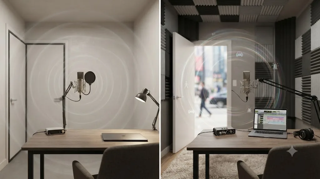 Illustration comparing a soundproofed but untreated room against an acoustically treated but unsealed room