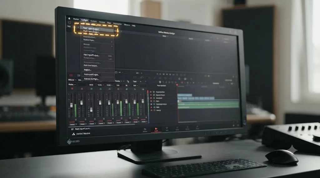 Illustration of an on-screen assistant overlay highlighting the Patch Input/Output menu item in DaVinci Resolve's Fairlight page