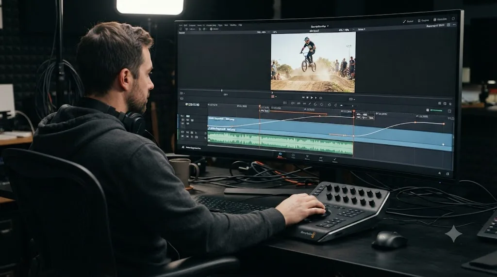 Illustration of a DaVinci Resolve timeline clip ramping from normal speed into slow motion during an action moment and back to normal