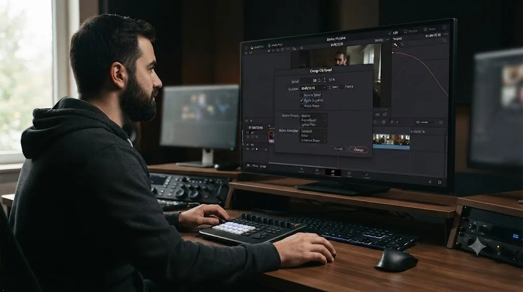 Illustration of a DaVinci Resolve Change Clip Speed dialog with speed percentage, duration, and freeze frame fields